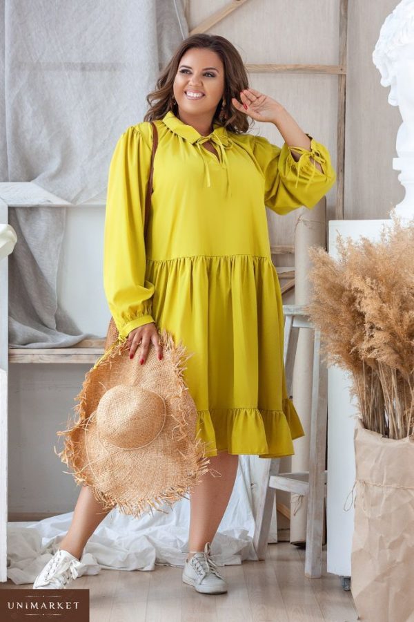Замовити в інтернет-магазині жіночу сукню вільного крою з софта кольору жовтого батал дешево