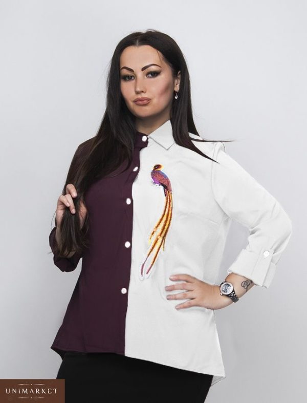Заказать в интернет-магазине женскую рубашку двухцветная вышивка птичка пояс в комплекте цвета марсала-белого батал дешево