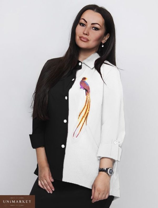 Приобрести дешево женскую двухцветную рубашку вышивка птичка пояс в комплекте цвета черно-белого больших размеров недорого