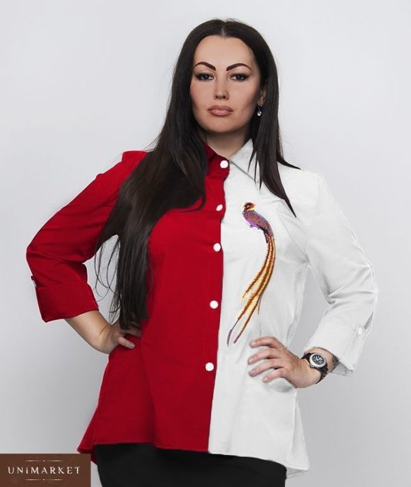 Купить оптом женскую рубашку вышивка двухцветная птичка пояс в комплекте цвета красно-белого батал в подарок