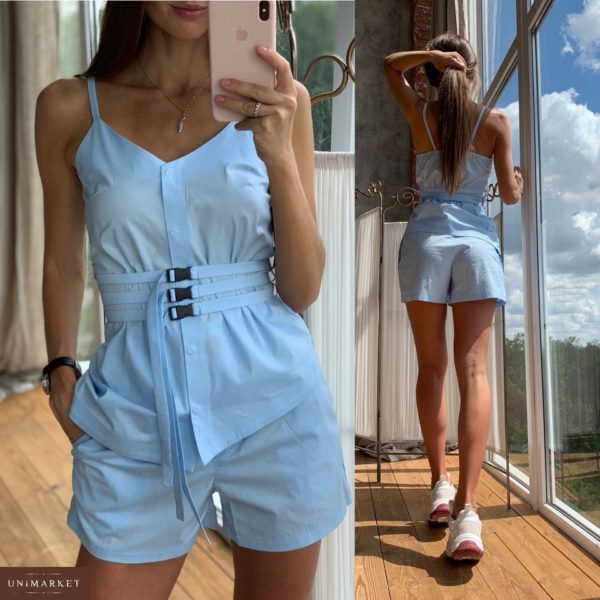 Приобрести в интернет-магазине женский костюм летний: топ + шорты из хлопка цвета голубого дешево