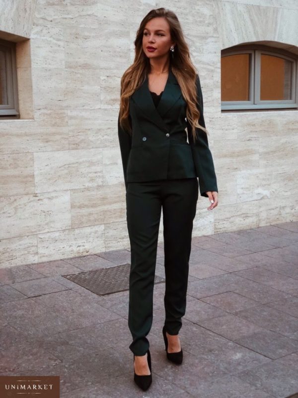 Приобрести дешево стильный женский пиджак и брюки черного цвета из костюмки barby оптом Украина