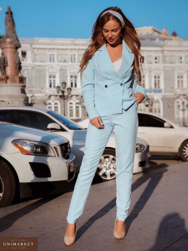 Приобрести дешево женский пиджак стильный и брюки из костюмки barby цвета голубого недорого
