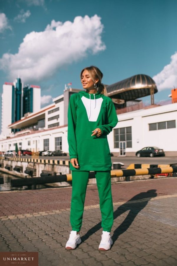 Замовити в інтернет-магазині жіночий спортивний костюм худі з капюшоном кольору зеленого дешево