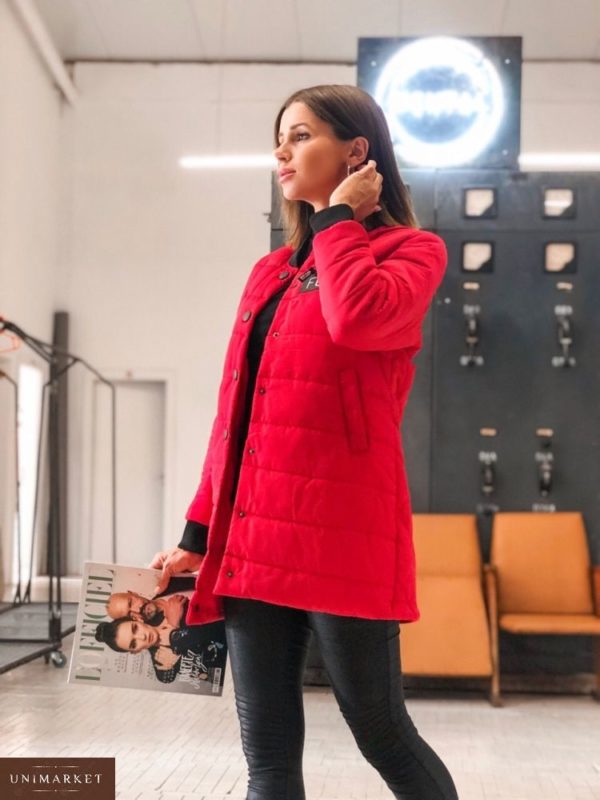 Приобрести в интернет-магазине женскую на осень куртку на кнопках из плащевки канада цвета красного дешево