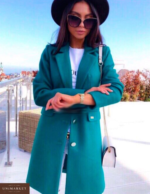 Заказать в интернет-магазине женское кашемировое пальто на пуговицах цвета бирюзового дешево