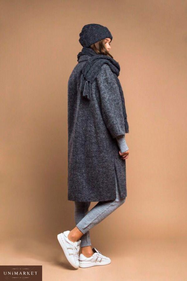 Купить недорого женское пальто с разрезом из валяной шерсти темно-серого цвета в подарок