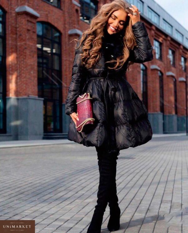 Заказать в подарок женское стильное зимнее пальто с объемной мягкой юбкой черного цвета оптом Украина