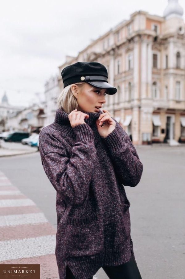 Приобрести в интернет-магазине женский свитер вязаный "планета" из шерсти цвета винного больших размеров дешево