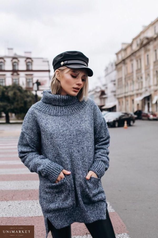 Заказать в подарок женский вязаный свитер из шерсти "планета" цвета серого батал оптом Украина