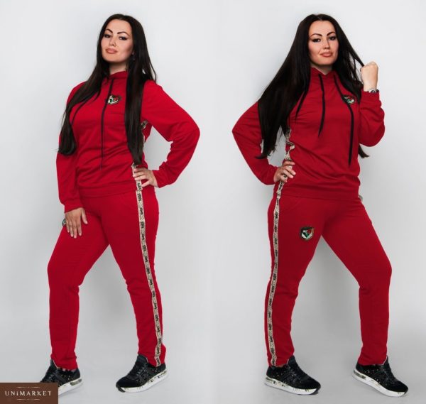 Придбати жіночий костюм спортивний з трикотажу двухніткі з боків з лампасами кольору червоного батал оптом Україна