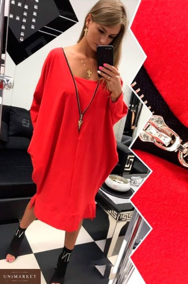Приобрести в интернет-магазине женское ультрамодное платье из трикотажа на змейке воротник красного цвета больших размеров дешево