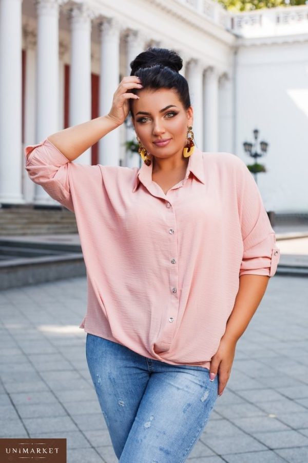 Приобрести в интернет-магазине женскую из полированного льна рубашку жатка цвета розового больших размеров дешево