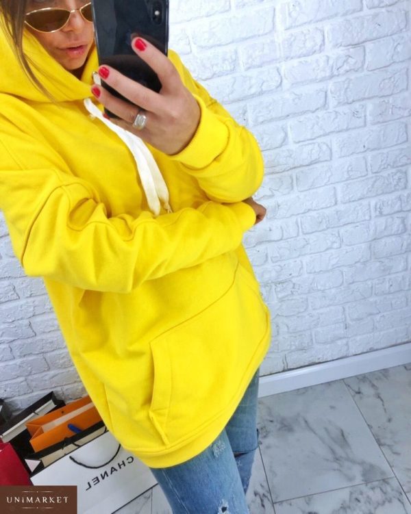 Купить недорого женский свитшот из двухнитки турецкой с капюшоном желтого цвета батал в подарок