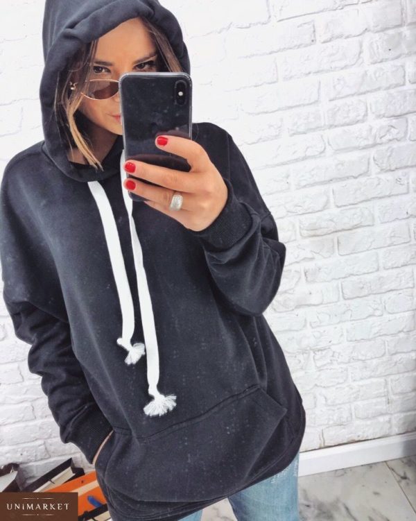 Приобрести в интернет-магазине женский из турецкой двухнитки свитшот с капюшоном черного цвета больших размеров дешево