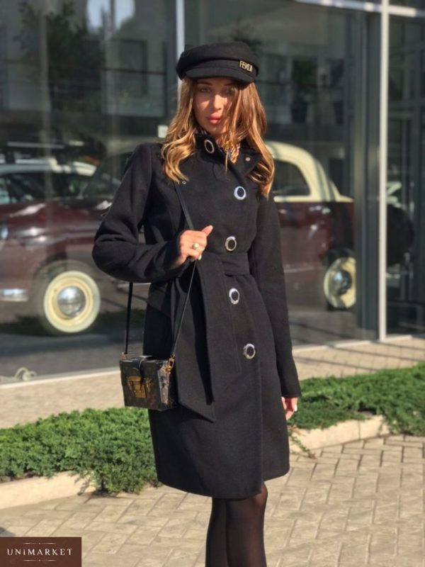 Приобрести в интернет-магазине женское из кашемира пальто застёжка на кнопках цвета черного больших размеров дешево