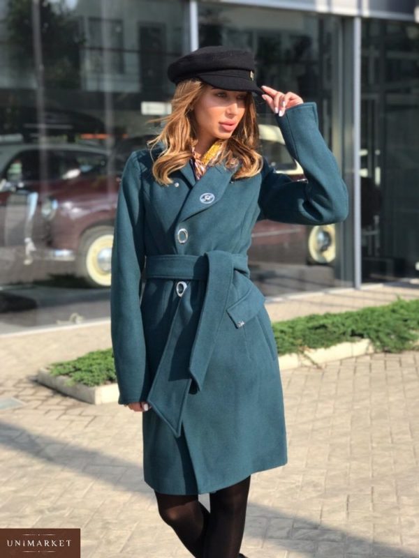 Приобрести пальто женское из кашемира цвета бирюзового застёжка на кнопках батал оптом Украина