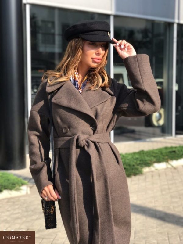 Придбати в інтернет-магазині жіноче з вовни пальто застібка на ґудзиках з боків кишені коричневого кольору великих розмірів дешево