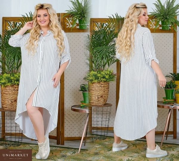 Замовити в подарунок жіночу сукню сорочка з льону жатка кольору білого батал оптом Україна