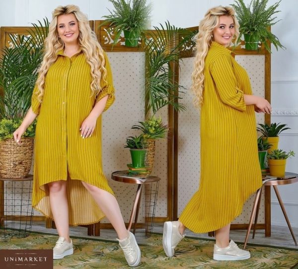 Придбати в інтернет-магазині жіноче сорочка плаття з льону жатка кольору гірчиці великих розмірів дешево