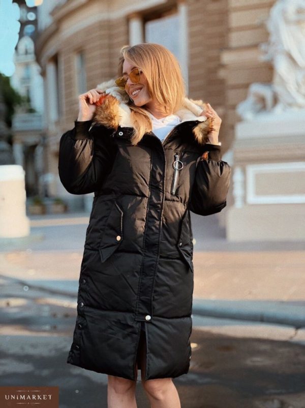 Придбати зимову жіночу куртку - пуховик чорного кольору на синтепоні з капюшоном оптом Україна