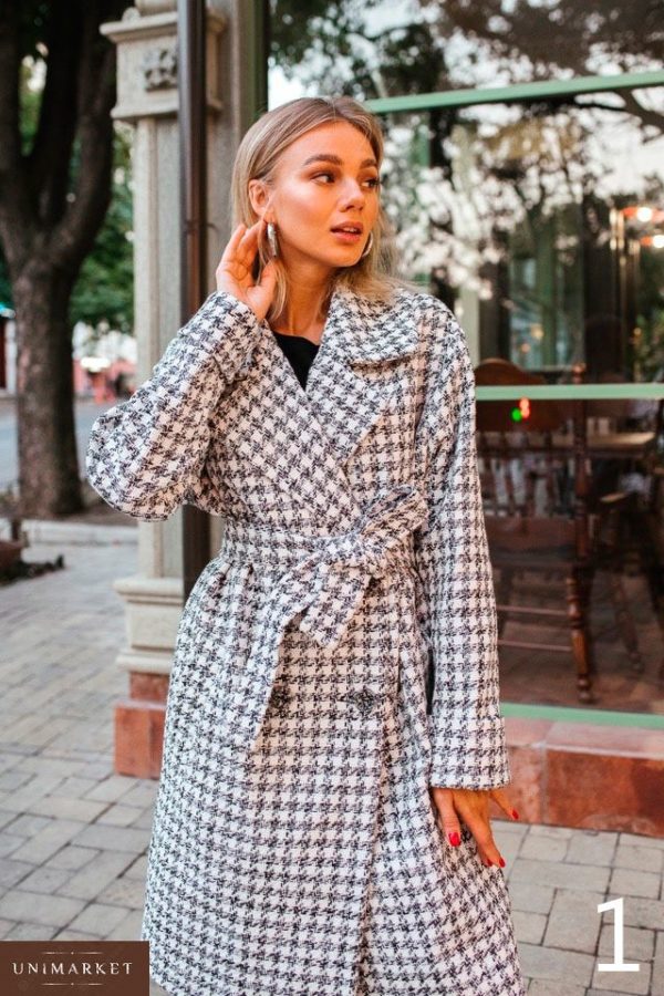 Заказать в подарок женское шерстяное пальто в клетку с поясом оптом Украина
