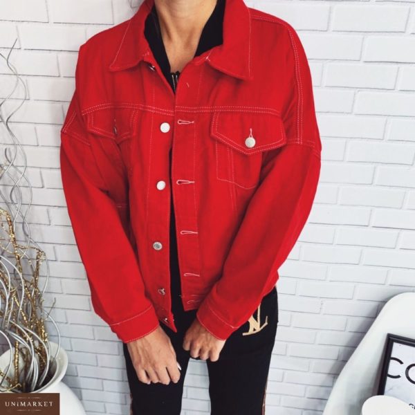 Приобрести женскую Баленсиага джинсовую куртку оверсайз красного цвета оптом Украина