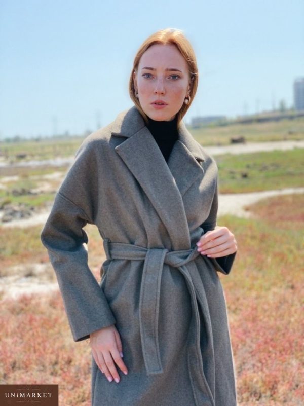 Приобрести в интернет-магазине женское пальто кашемировое с поясом цвета серого дешево