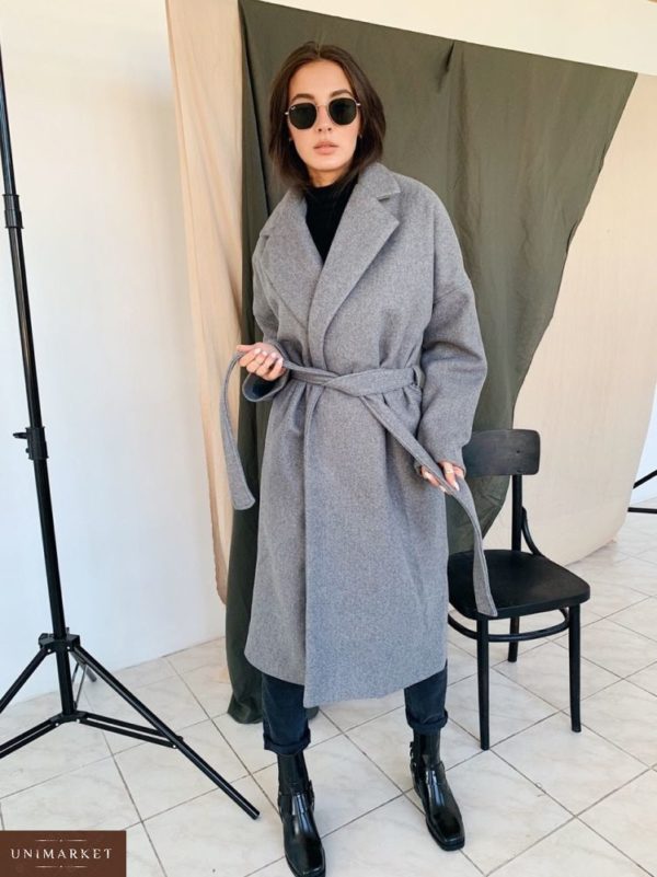 Заказать в подарок женское кашемировое пальто с поясом серого цвета оптом Украина
