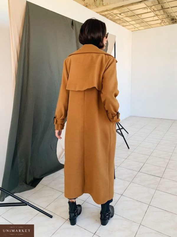 Купить недорого женское длинное из кашемира пальто и шерсти на осень цвета коричневого в подарок