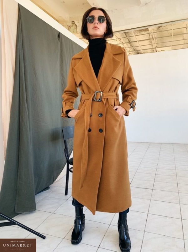 Заказать в подарок женское длинное пальто из кашемира и шерсти на осень коричневого цвета оптом Украина