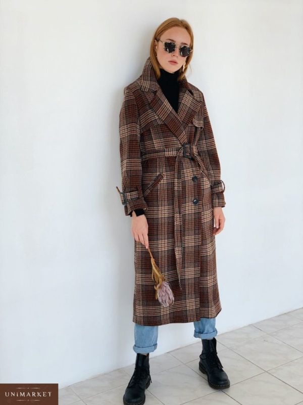 Заказать пальто женское длинное на осень из кашемира и шерсти цвета темно-коричневого в клетку недорого