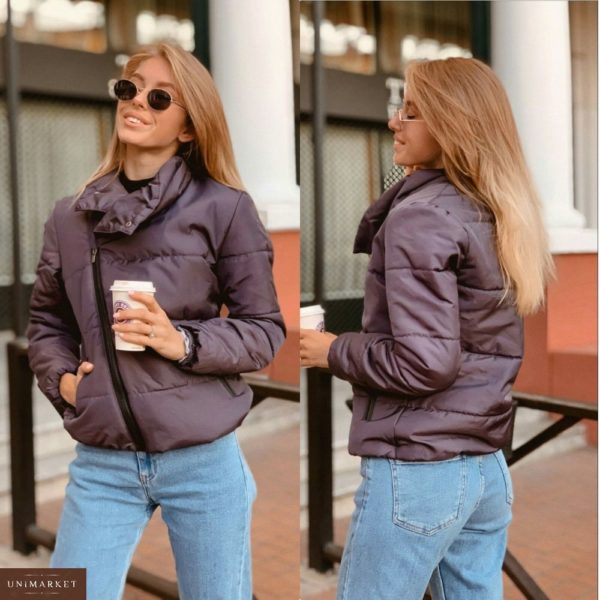 Приобрести в интернет-магазине женскую курточку короткую с воротником высоким на кнопке серую с оттенком дешево