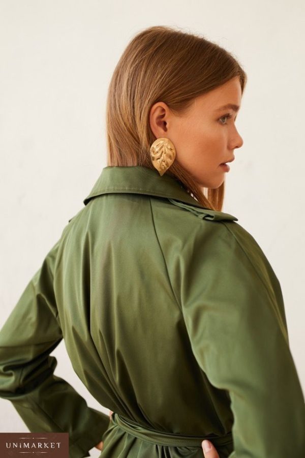 Купить недорого женский длинный плащ на подкладке сатиновой с двумя карманами зеленого цвета в подарок
