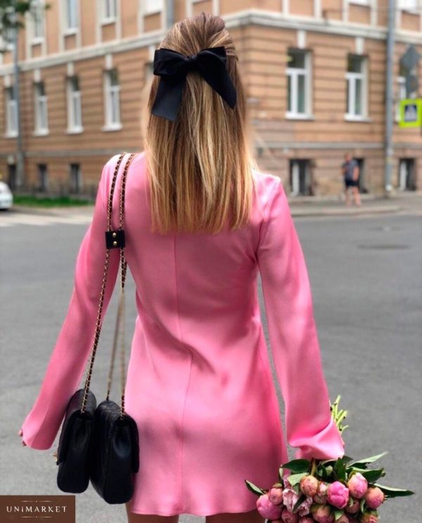 Замовити в подарунок жіночу шовкове плаття з довгим рукавом рожевого кольору оптом Україна