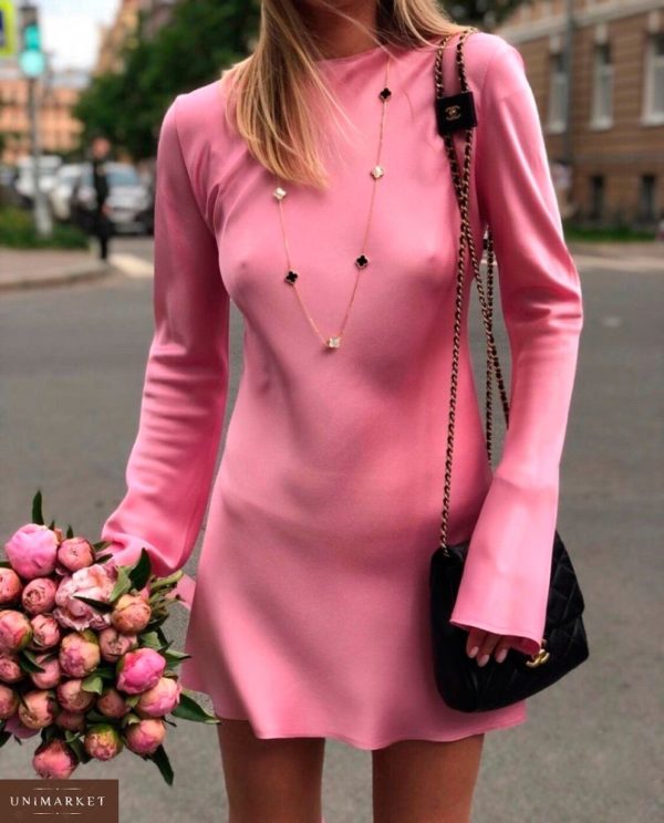 Приобрести в интернет-магазине женское платье шёлковое с длинным рукавом цвета розового дешево