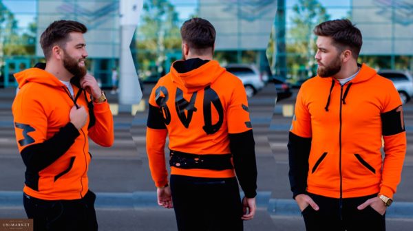 Придбати в подарунок чоловічу кофту на блискавці з капюшоном оранжевого кольору оптом Україна