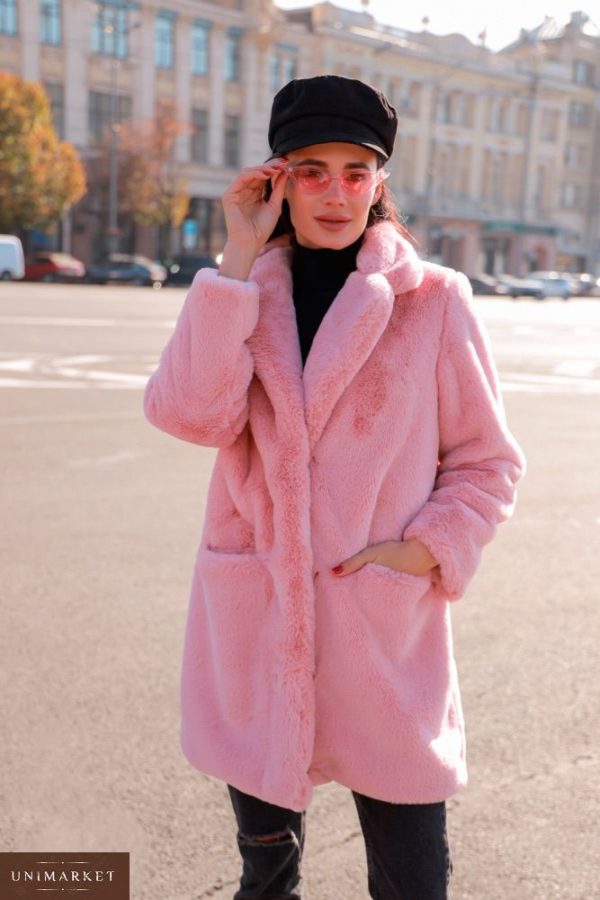 Купити недорого жіночу шубу на шовковій підкладці з екомеха рожевого кольору в подарунок
