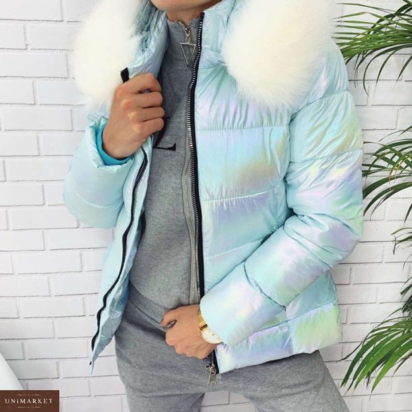 Приобрести в интернет-магазине женскую куртку с воротником белым из плащевки цвета голубого дешево