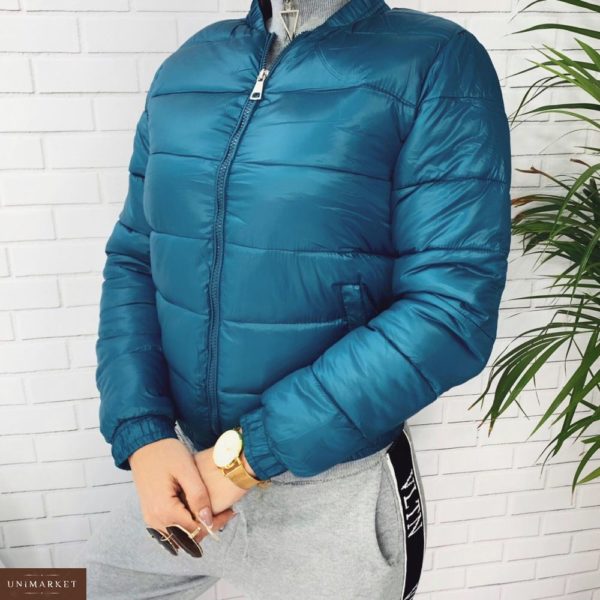 Заказать в интернет-магазине женскую короткую куртку на молнии из плащевки синего цвета дешево