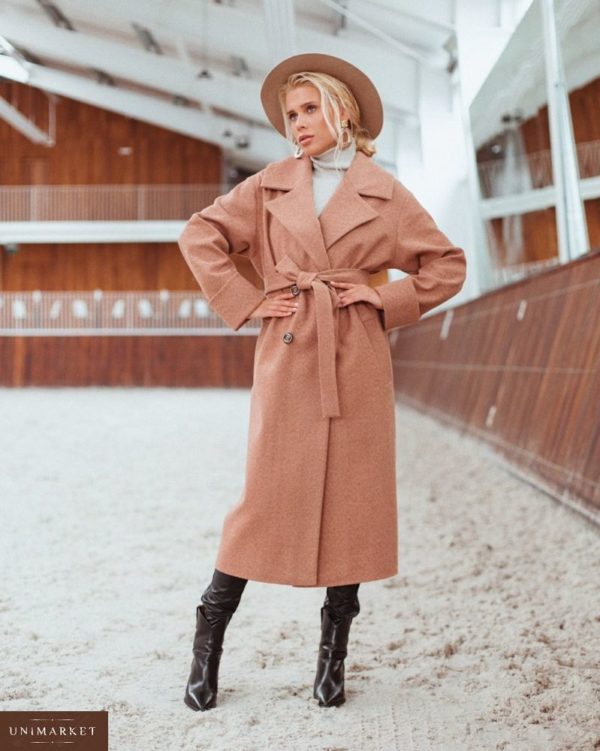 Приобрести дешево женское пальто шерстяное длинное на сатиновой подкладке с поясом цвета коричневого недорого