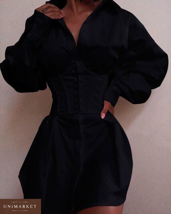 Заказать в подарок женское платье из нежного софта с объёмными рукавами черного цвета оптом Украина