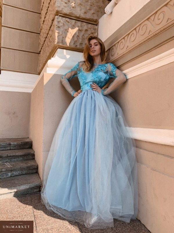 Придбати дешево жіночу сукню з фатину вечірнє з пишною спідницею блакитного кольору оптом Україна