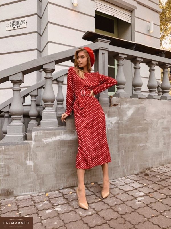 Приобрести в интернет-магазине женское платье из кукурузы жаккардовой в мелкий классический горошек цвета красного дешево