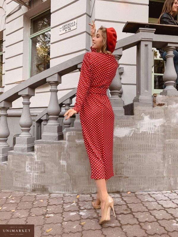 Заказать в подарок женское платье из жаккардовой кукурузы в классический мелкий горошек красного цвета оптом Украина