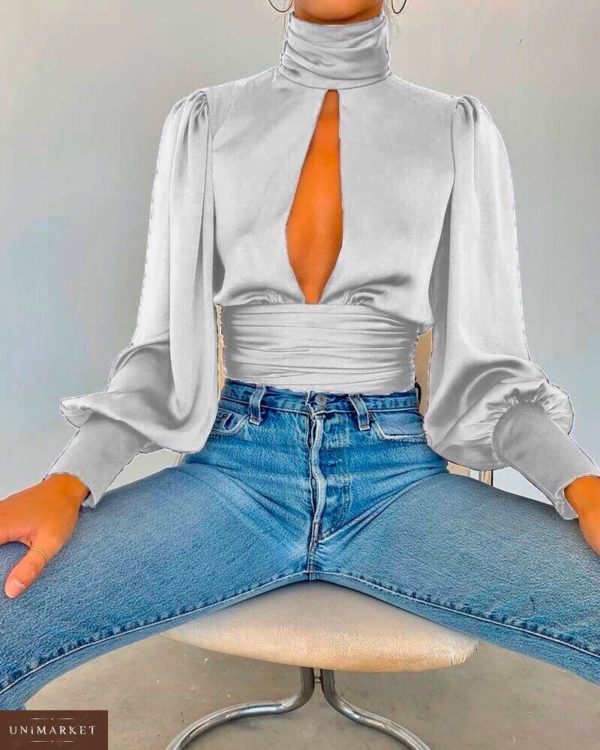 Замовити жіночу шовкову блузу з об'ємними рукавами і спиною відкритою кольору металік недорого
