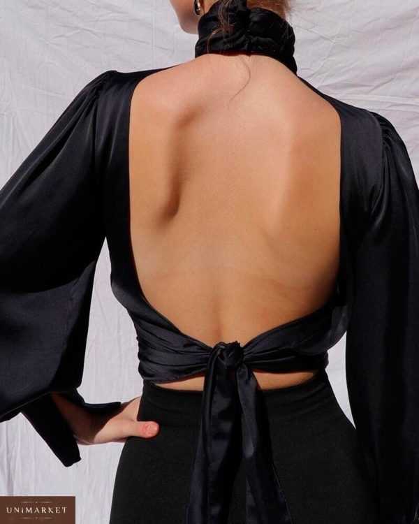 Приобрести в интернет-магазине женскую блузу шелковую с объемными рукавами и открытой спиной цвета черного дешево