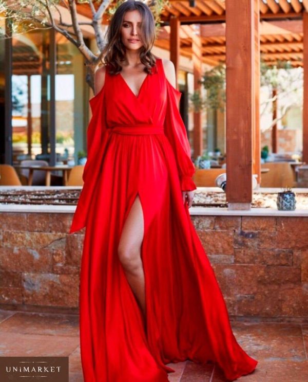 Заказать в подарок женское платье вечернее шелковое длинное с плечами оголёнными красного цвета оптом Украина