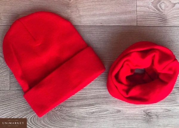 Замовити в подарунок жіночий набір: шапка подовжена + шарф червоного кольору оптом Україна