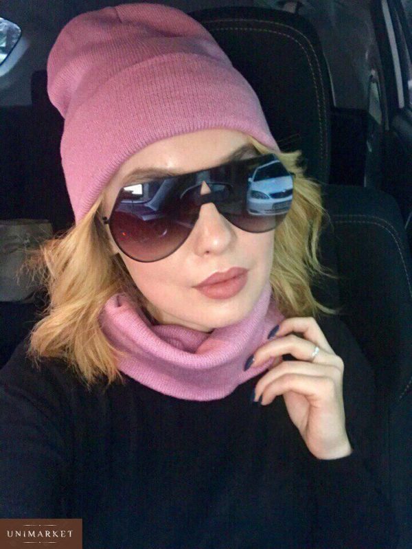 Купити недорого жіночий набір: шарф + шапка подовжена рожевого кольору в подарунок